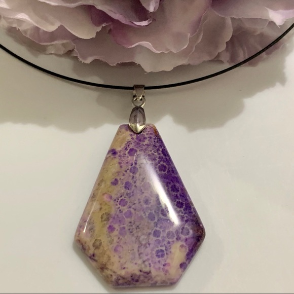 Purple Chrysanthemum Coral Fossil Shield Pendant Necklace – One of a Kind - Picture 9 of 10
